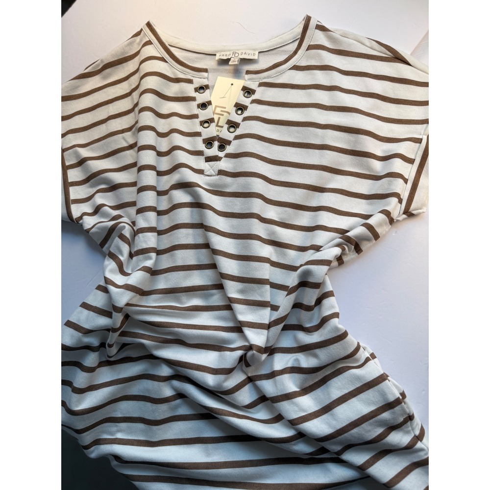Tunic Top Women Large Brown White NWT Striped Grommet Pocket Pullover